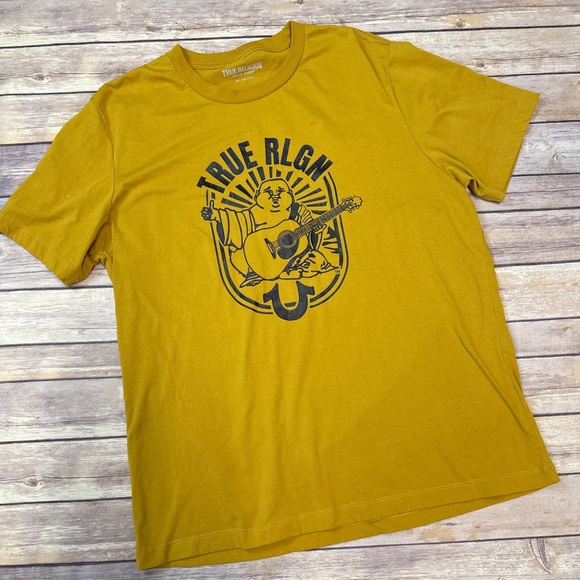 True Religion Buddha Logo Crew Neck T-shirt mustard yellow size L - Picture 1 of 4